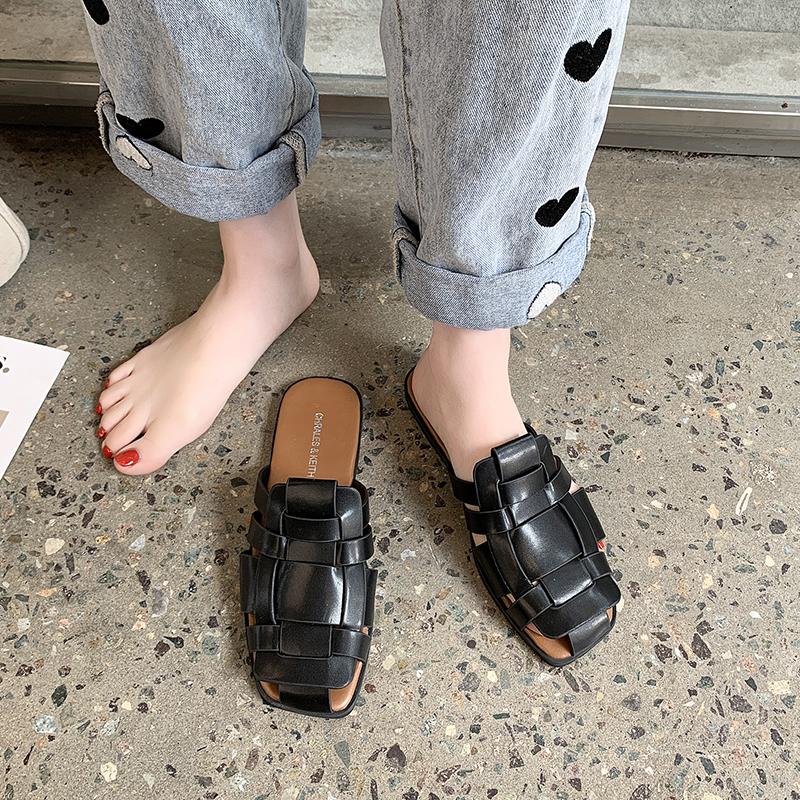 Product Introduction of JINxCHOY SHOES Summer Slip-on Roman Shoes Comfortable All-Matching PU Leather Weaving Closed Toe Low Heel Square Heel Pu Slippers Rubber SS24 6