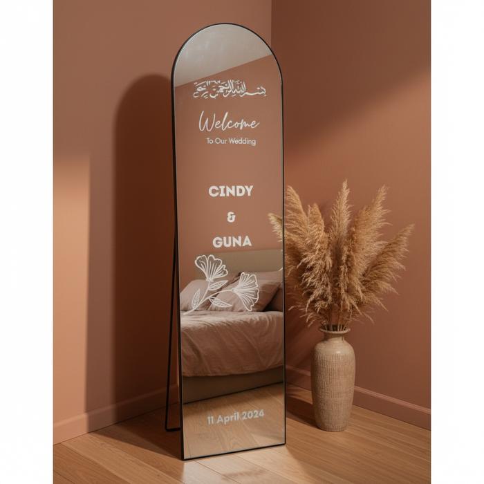 Promo [Free Stiker & Packing kayu] standing mirror wedding sign / Welcome Sign Wedding Mirror Arch / Wedding Signage Aesthetic - 40x153-Hitam+fiber, ...