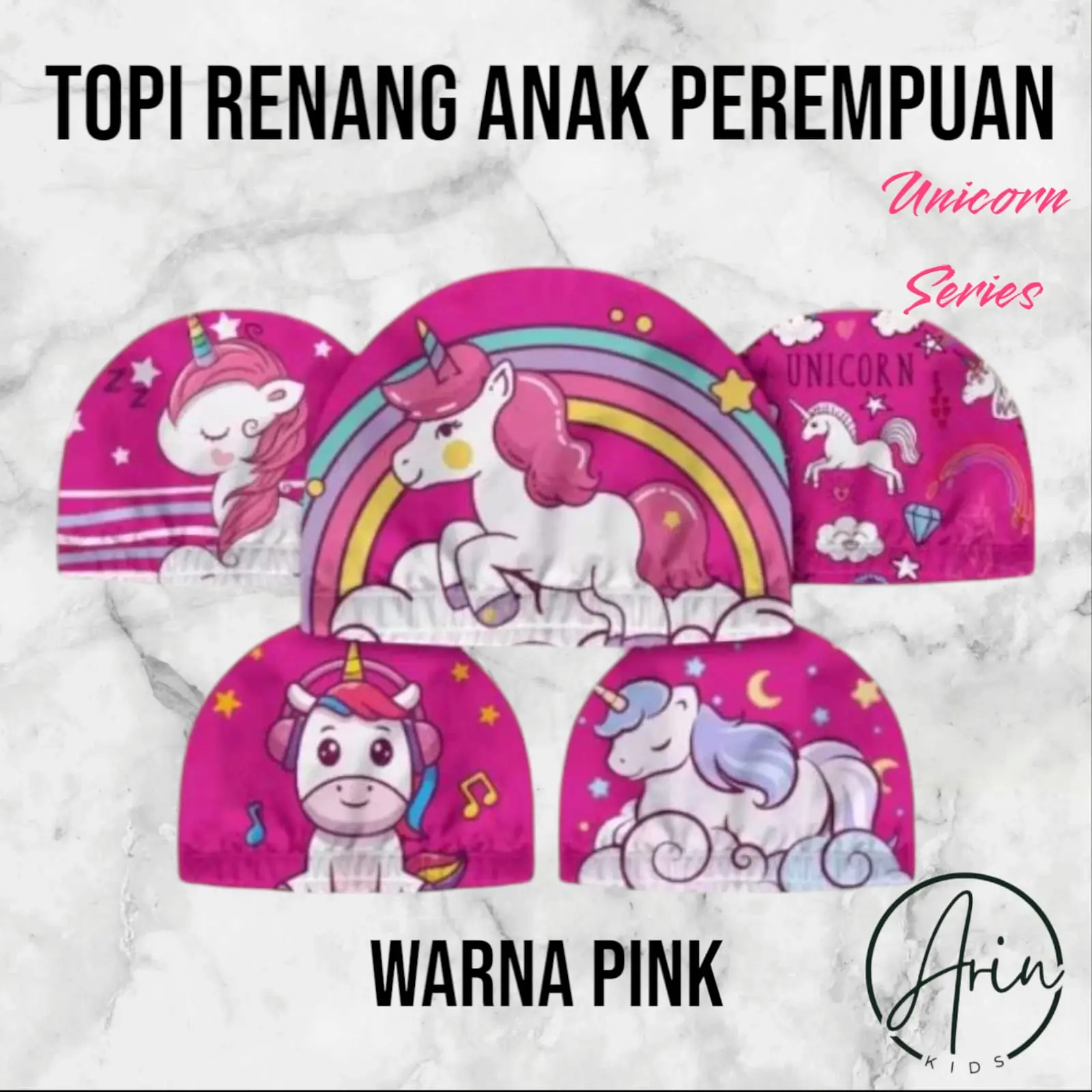 ARINKIDS TOPI RENANG ANAK LAKI LAKI PEREMPUAN MOTIF UNICORN DINOSAURUS WARNA PINK BIRU USIA 1-10 TAHUN