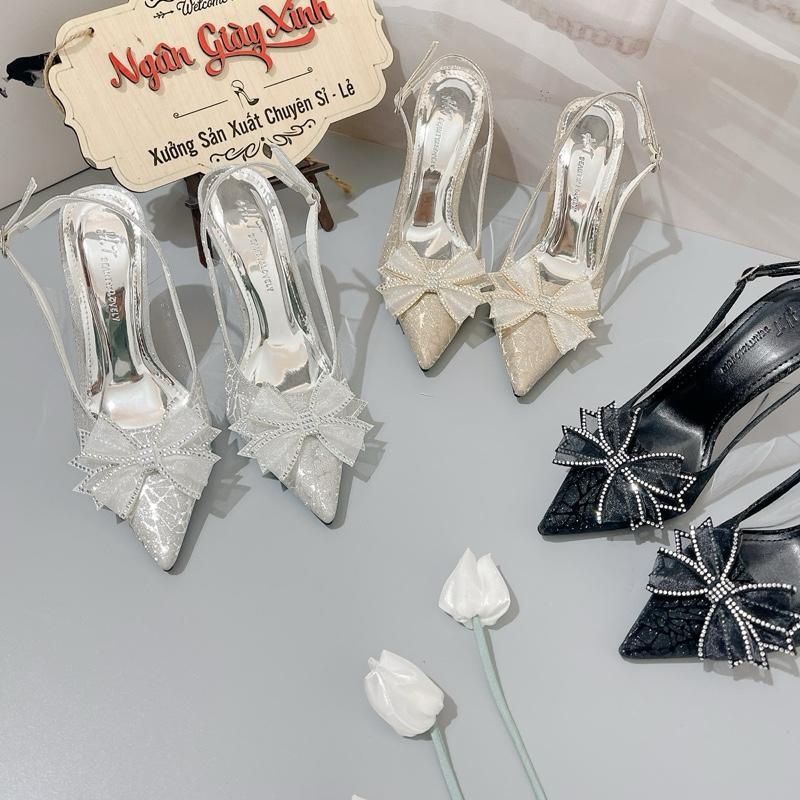 GIÀY DÉP CAO GÓT CHẤT LIỆU KIM TUYẾN 5-7-9cm ĐÍNH NƠ XOÀN