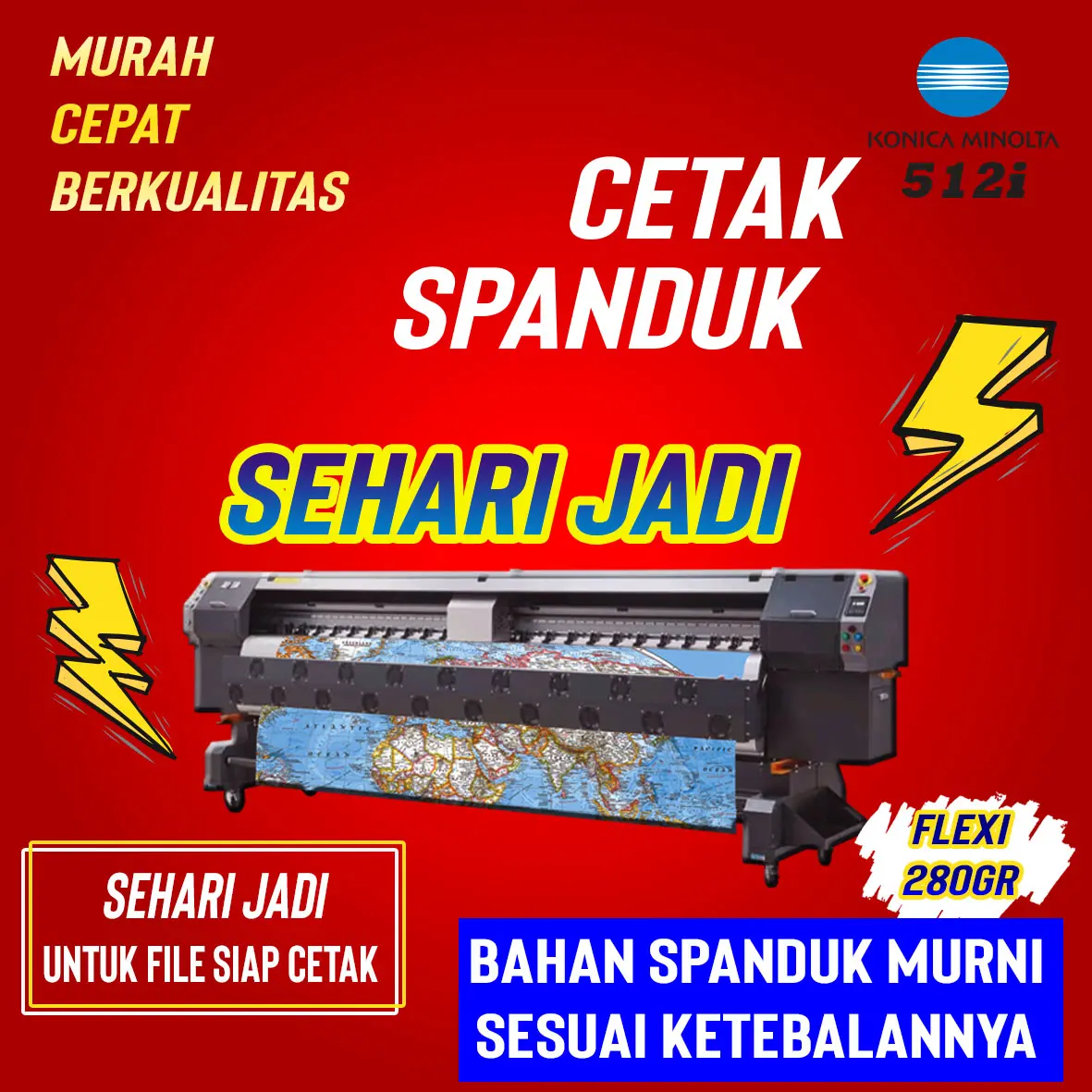 Cetak Spanduk Banner Bahan Flexi 280 Gr Murni Konica 512i Finishing Mata Ayam Slongsong Untuk Bambu Kayu Harga Per Meter 100 Cm X 100 Cm