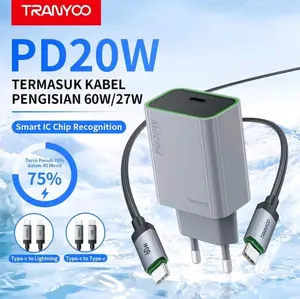 TRANYOO EU7 PD20W  Adaptor Daya, dilengkapi kabel cepat 1 meter Type-C ke Type-C / Type-C ke Lightning, transmisi berkecepatan tinggi, cocok untuk pengisian daya ponsel Android, Cocok untuk Apple, Samsung, Xiaomi, Redmi, POCO, vivo, dan OPPO