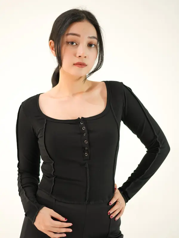 【Premium】 U Neck Long Sleeve Button Up Slim T-Shirt 7027 (S/M/L) 6