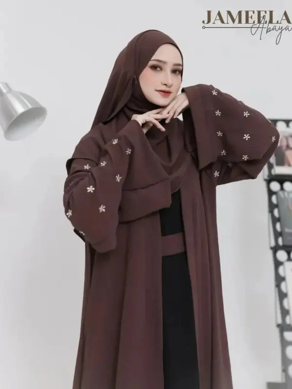 Abaya Luna - Busana Muslimah Terbaru 2025 Bahan Crinkle Mix Bordir Kekinian Baju Gamis Lebaran Two Tone Outer Terpisah Luxury Abaya Black Viral Bisa Cod 1