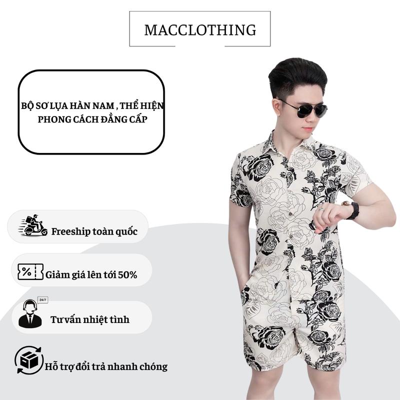 Bộ nam lụa hàn MACCLOTHING, bộ lụa áo sơ mi & quần short bộ lụa hoạ tiết hoa hồng đẹp lung linh [ Hàng loại 1 ]