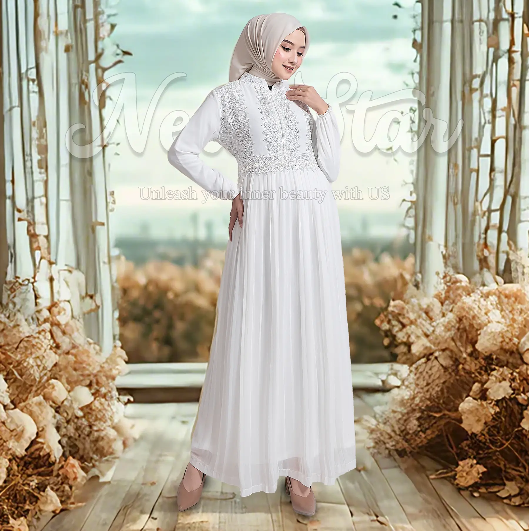 NewStar - Baju Gamis Putih Wanita Kekinian Dress Lebaran 2025 Abaya Warna Putih Terbaru Mewah B40