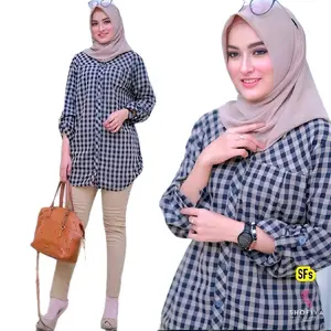 Amora tunik wanita kekinian / Blouse kemeja jumbo motif kotak kotak LD 120 muat BB 85 KG Katun Muslim Atasan Panjang Baju Elegant Black Shirts & Blouses