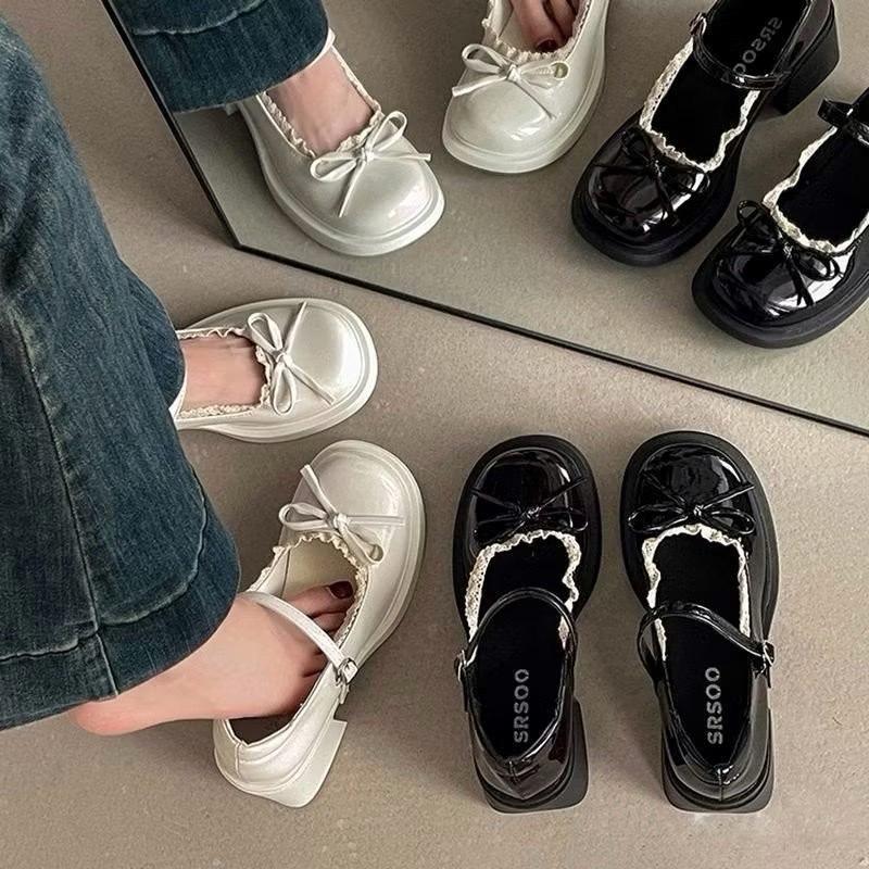   FORM RỘNG LÙI 1 SZ  Giày Đốc Nữ Đế Cao 5P Tiểu Thư Đính Nơ Xoè Viền Ren Phong Cách Hàn Quốc mã REN5 