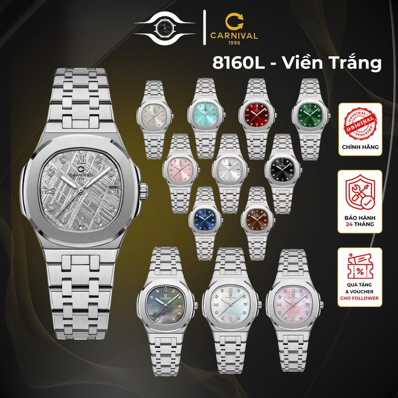  Đồng Hồ Nữ CARNIVAL 8160L Quartz 34mm Dây Kim Loại Vỏ Bạc Lịch Ngày Đính Đá Swa Chống Nước 3ATM Kính Sapphire Chống Trầy Xước Chính Hãng TimeLine Watch TLS TLW 