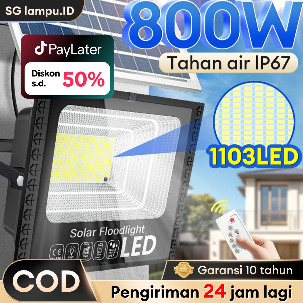 【Garansi 10 tahun】 Lampu Surya Lampu Sorot Tenaga Surya Lampu Baterai Surya 1200W 1103 LED Stok Tersedia Lampu Surya 0 Biaya Listrik Fitur Kontrol Cahaya Pintar Sepanjang Tahun Desain Tahan Air dan Tahan Petir