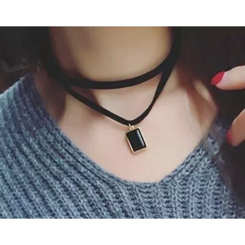 Kalung Cantik & Manis Choker A16 Black Leather Gem Pendant Necklace 2
