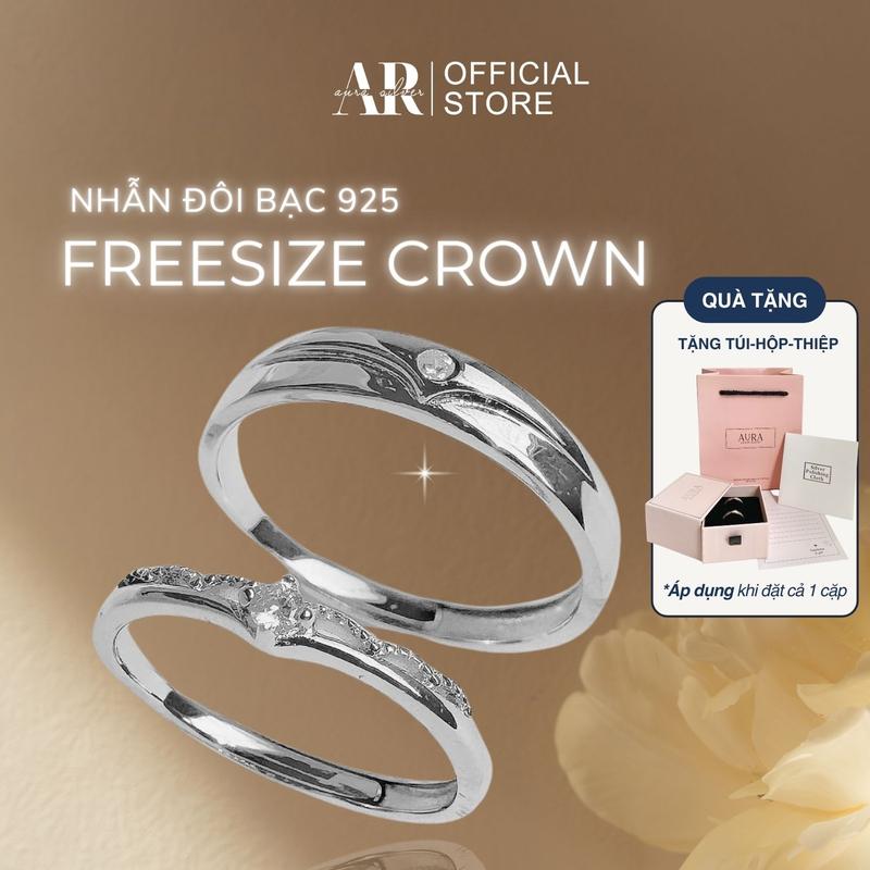 Nhẫn đôi nam nữ bạc Ý 925 nhẫn cặp tự điều chỉnh size Crown-Aura Silver-ND16