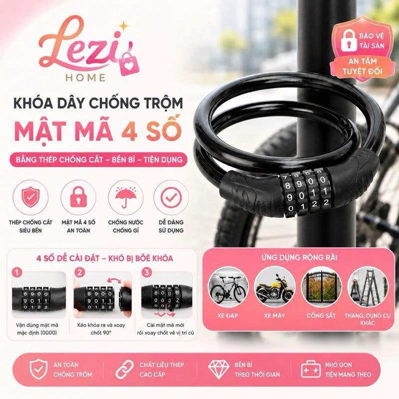 Khóa dây chống trộm mật mã 4 số bằng thép chống cắt bền bỉ tiện dụng