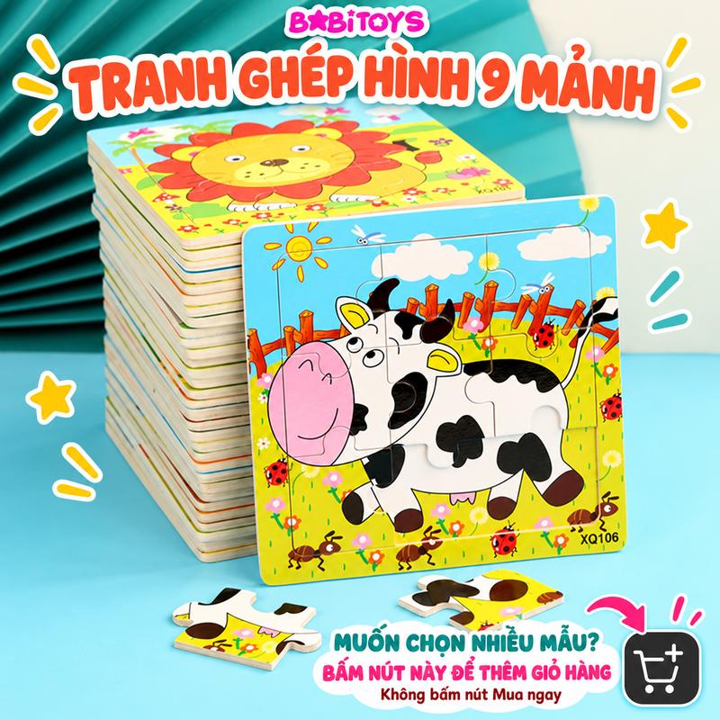 Tranh ghép hình 9 miếng loại lớn 15x15cm in hình ngộ nghĩnh bằng gỗ cho bé, đồ chơi xếp hình 9 miếng