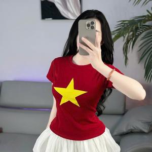 Áo Thun Babytee Borip Basic Cổ Tròn Tay Ngắn In Hình Ngôi Sao Cờ Đỏ Sao Vàng, Áo Thun Việt Nam, 2/9, 30/4, 2 Tháng 9, 30 Tháng 40, Nữ Top Women Sò áo  đỏ y2k