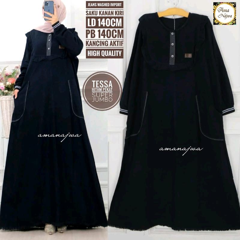 Gamis jeans wanita super jumbo LD 140 CM busui friendly kancing aktif saku kanan kiri  Dress Panjang Muslim Dewasa Maxi 2