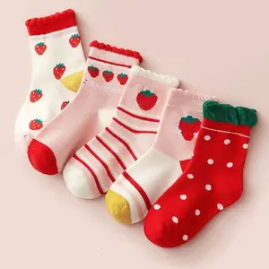 Precious One - Set 5 pasang kaos kaki bayi dan anak perempuan motif strawberry warna merah putih dan pink