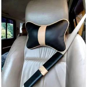 Satu Set Bantal Mobil Headrest Cover Seatbelt, Bantal Kepala Kulit