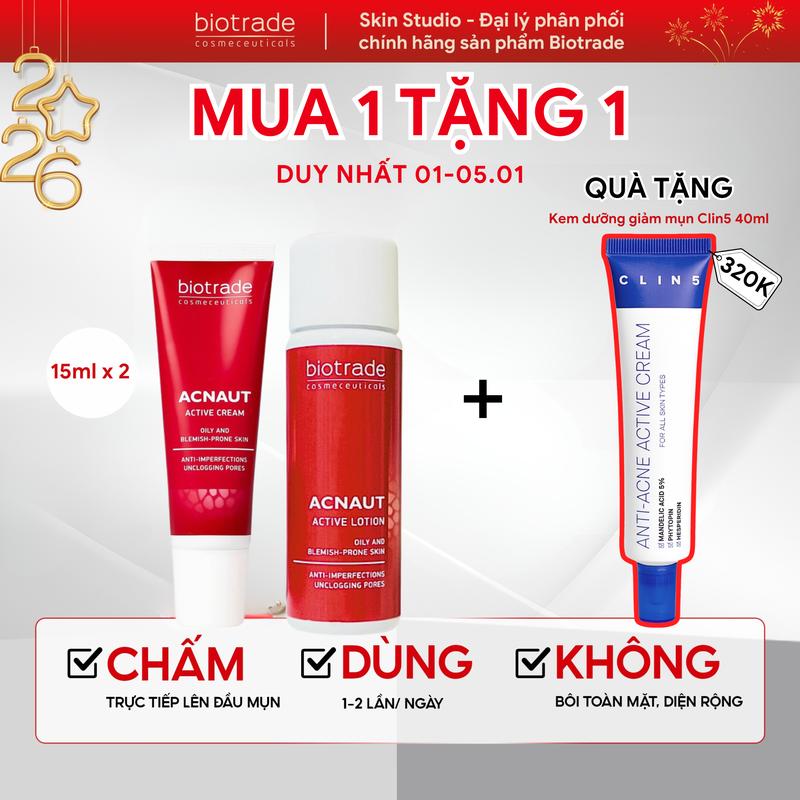   COMBO 15ML  Biotrade Bộ đôi kem chấm mụn Acnaut Active Cream 15ml & Lotion 15ml - Dành cho da dầu mụn hỗn hợp - Giải pháp chăm sóc da mụn hiệu quả 