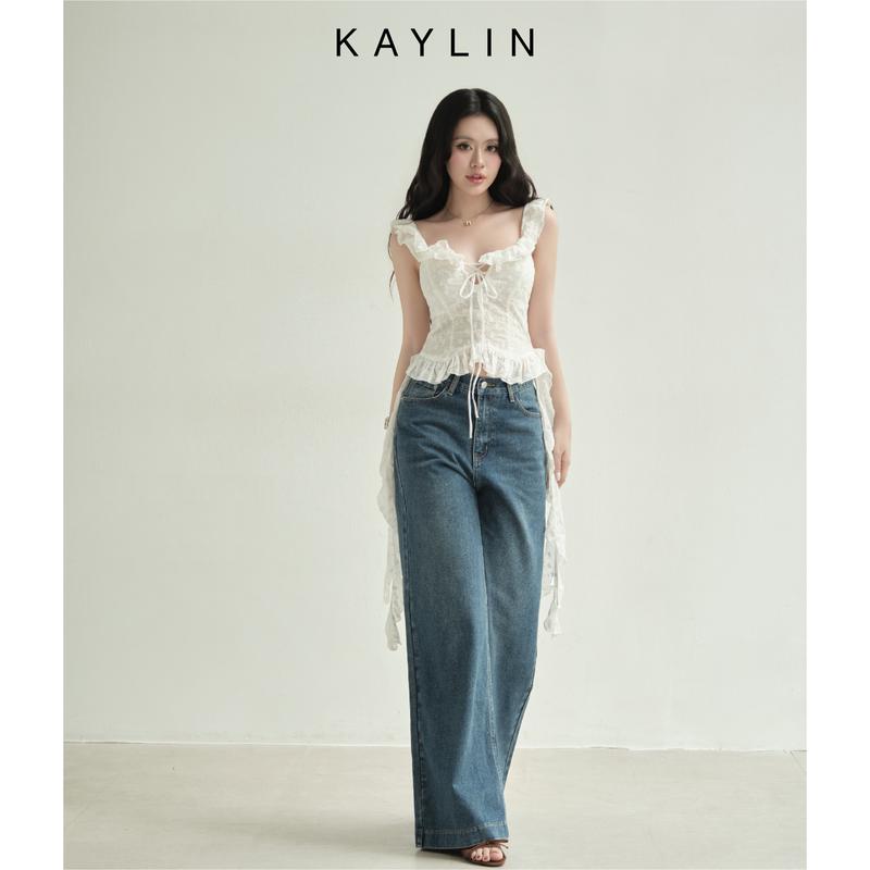 Áo kiểu KAYLIN ARIA Top cổ tim dây rút phối bèo dáng corset ôm chất vải voan hoa phong cách  - A10T5 Women Shirt