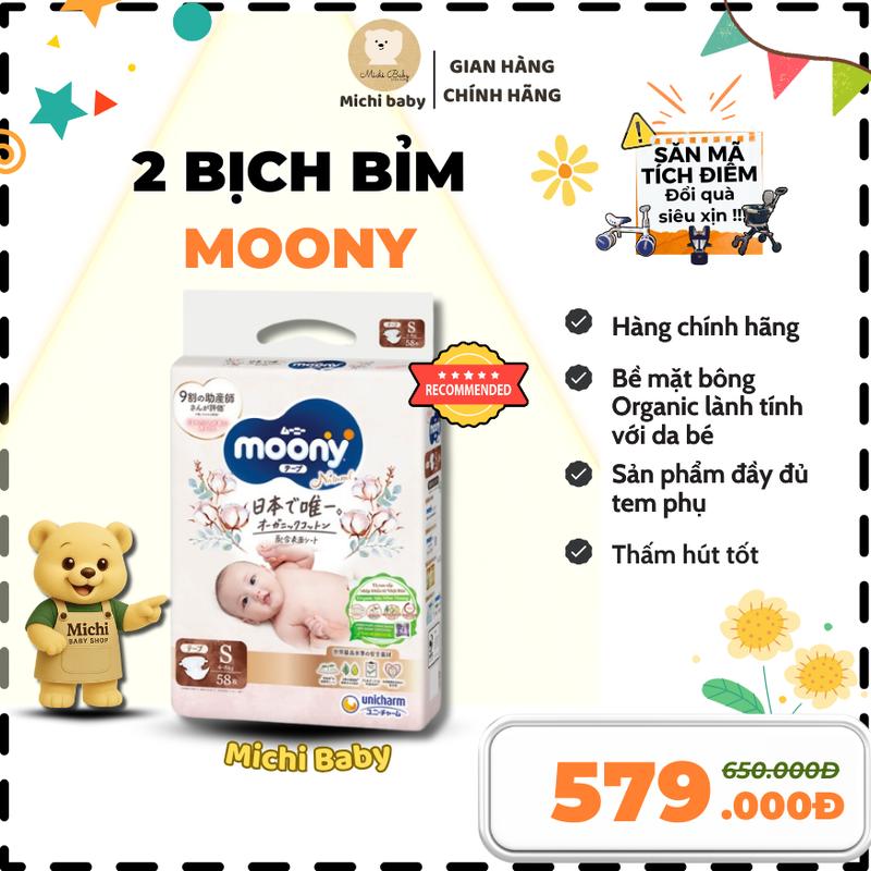 Michibaby-COMBO 2 BỊCH-  Tã Bỉm MOONY NATURAL Trắng Nhập Khẩu Đủ Size Dán/Quần Cho Bé NB62/S58/M46/L38/L36/XL32 - Michi Baby MC575