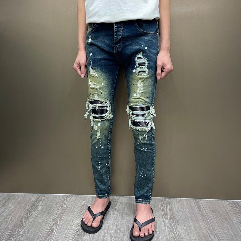 Quần xanh rêu vàng vá da nhăn thêu sát viền 4 cúc mã 6777 Nam Menswear