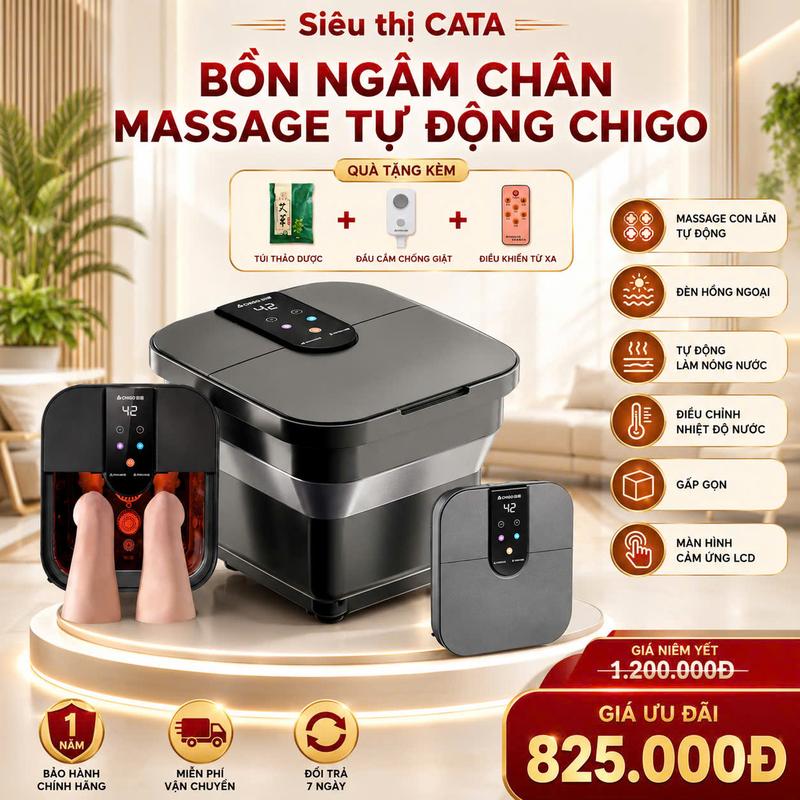 CHIGO Chậu ngâm chân massage tự động remote 500W, đèn hồng ngoại, thiết kế sang trọng, tặng 1 gói thảo mộc, điều chỉnh nhiệt độ 42-48°C, con lăn tự động, an toàn với đầu cắm chống giật