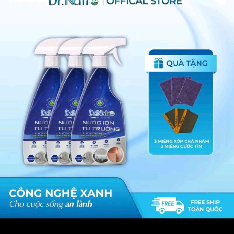 Combo 3 chai Dr Natro 500ml - Nước tẩy rửa ion từ trường, tặng 3 miếng chà lớn và 3 miếng chà nhỏ.