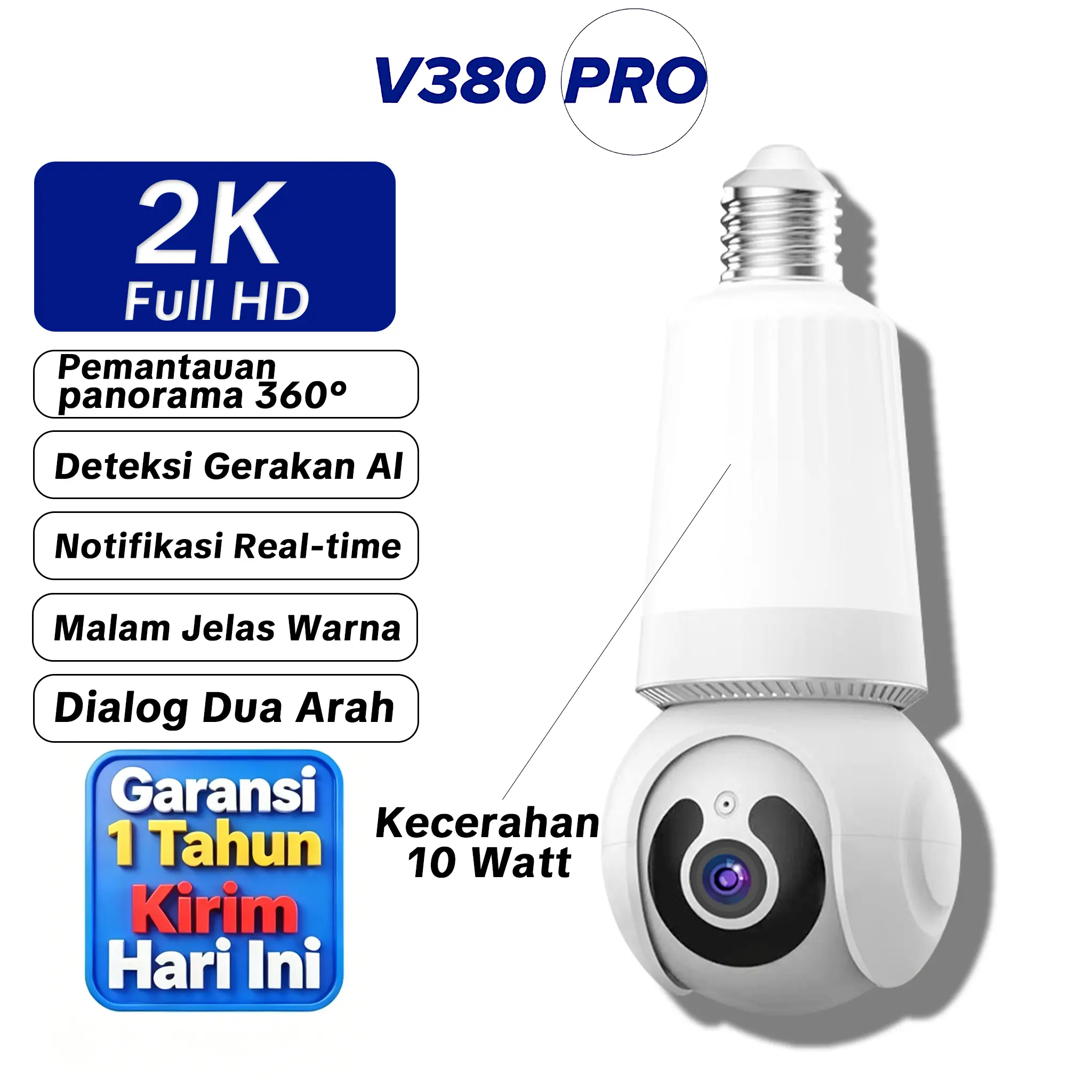 V380 Pro Bohlam CCTV Kecerahan 10W WiFi Kamera Penglihatan malam Alarm cerdas Deteksi gerakan