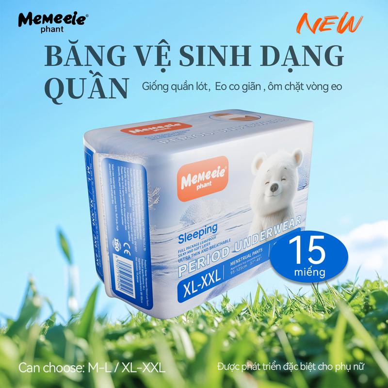 Quần băng vệ sinh ban đêm mới của Memeeie (15 chiếc) Chống rò rỉ 360°, Khô ráo cả đêm, Màng đáy nhẹ và thoáng khí Thấm hút nhanh