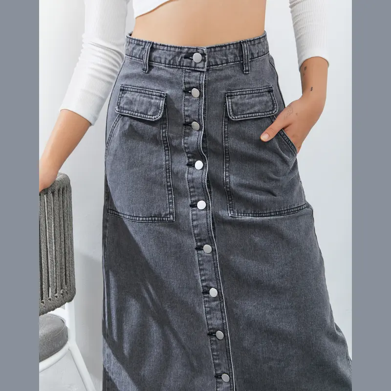 Onetta -  HARPER (Light Grey) - Rok Jeans  Maxi Panjang  Denim Wanita  Kerja High Waist A Line Hijab Friendly Motif Kancing 6