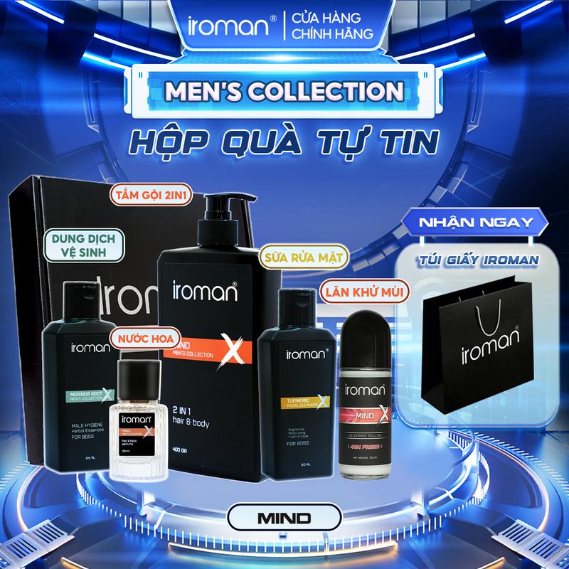   TẶNG TÚI GIẤY  Hộp Quà Tự Tin IROMAN Tắm Gội 2in1 400G + Nước hoa nam 30ML + Sữa Rữa Mặt Nghệ 120G + Tinh Chất Thảo Dược Vệ Sinh Nam 120G + Lăn Khử Mùi 50ml 