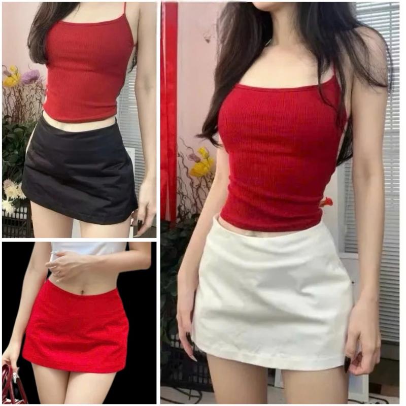 Chân Váy Chữ A Ngắn Basic Cạp Trễ Phong Cách Y2K Có Quần Bảo Hộ