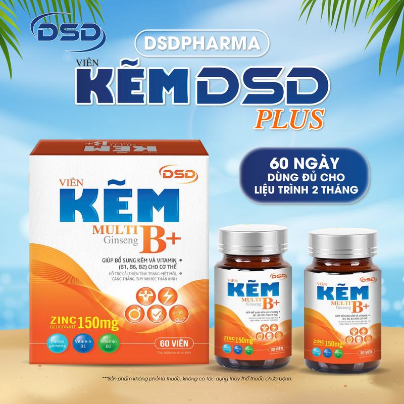  DSDPHARMA Viên Kẽm DSD Plus 60 Ngày Bổ Sung Kẽm 150mg - Bổ Sung Kẽm Biozinc & Vitamin Nhóm B Nhân Sâm - Hộp 2 Lọ X 30 Viên 