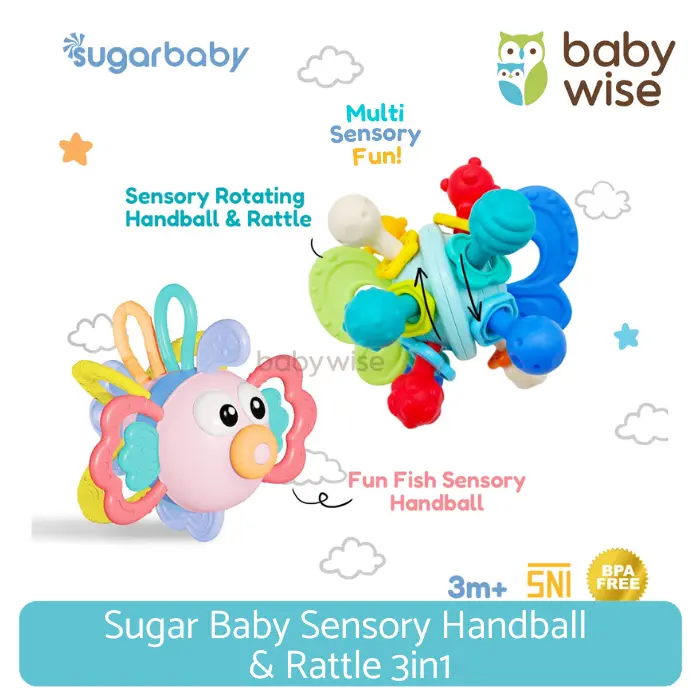 Sugar Baby Fun Fish Sensory Handball & Rattle 3in1 | Sensory Rotating Handball & Rattle 3in1 - Mainan Sensorik Motorik Teether Bayi