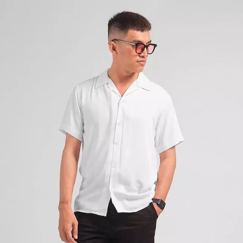 ￼Kemeja Polos Vintage/Kemeja Pria Lengan Pendek/Kemeja Pantai/Kemeja casual katun nyaman panjang santai rayon Simple  /Kemeja vintage viral Simple basic 2