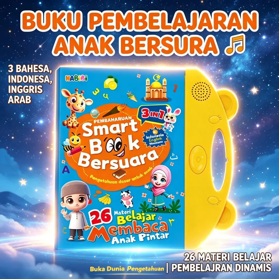 COD Tersedia, Buku Belajar Balita Elektronik 3 Bahasa Indonesia-Inggris-Arab Interaktif, 26 Halaman Touch Sensor. untuk Anak Usia Dini 1-5 Tahun, TK, PAUD. Mengenal Huruf Abjad, Angka, Binatang, Buah, Sayur, Warna, Bentuk, Profesi. Mainan Edukatif