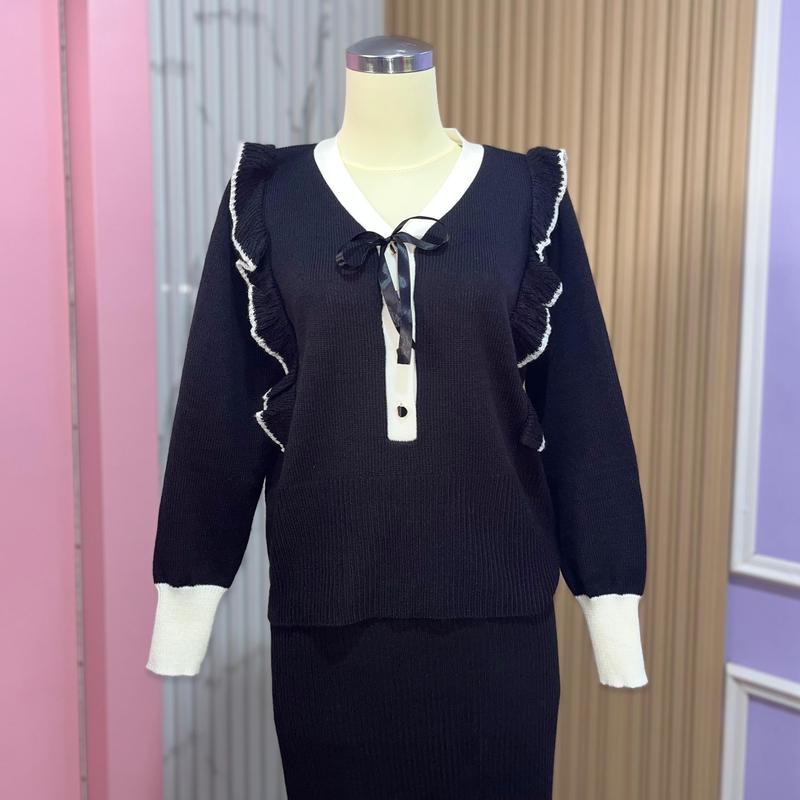 Jasminebymels - Oneset Lily Blouse Rok Rajut Oneset Rajut Atasan Baju Atasan Baju Panjang Santai 2