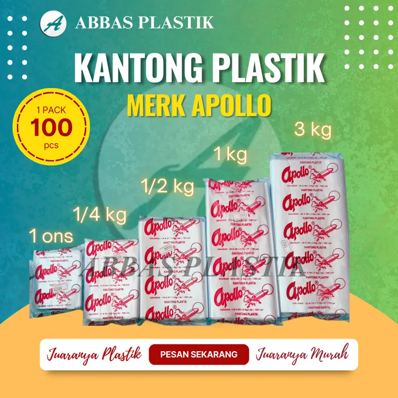 Plastik Bening Merk Apollo / Ukuran 3 kg / Dimensi 27 x 39 cm/ 1 pak isi 100 pcs/ 1 ikat 5 pcs/ Penyimpanan makanan, jajan, snack dan barang 1