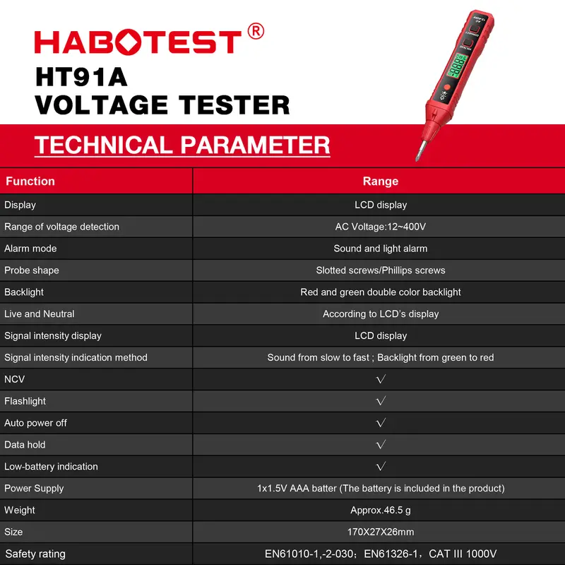 HABOTEST HT89 Pen Type AC Voltage Detector NCV 12~300V Voltage Tester For Live/Null Wire With Flashlight LCD Display Breakpoint Finder 8