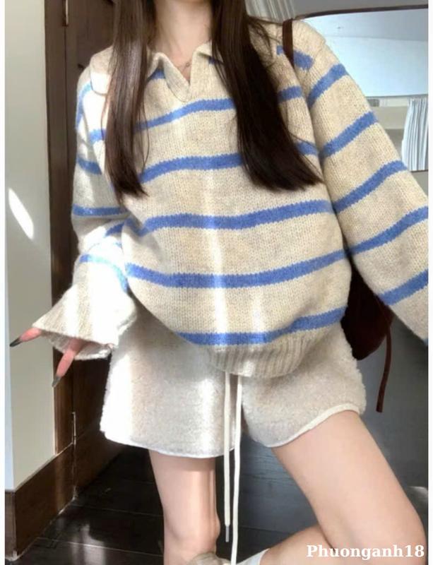 [Sẵn] Áo len lông thỏ họa tiết kẻ ngang cổ V Hàng QC