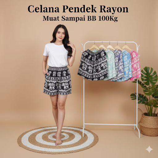 Celana Pendek Wanita Super Jumbo Motif Gajah Mihu Mihu Selutut Hotpants Bigsize Rayon Kulot Shorts Santai Muat Sampai BB 100Kg
