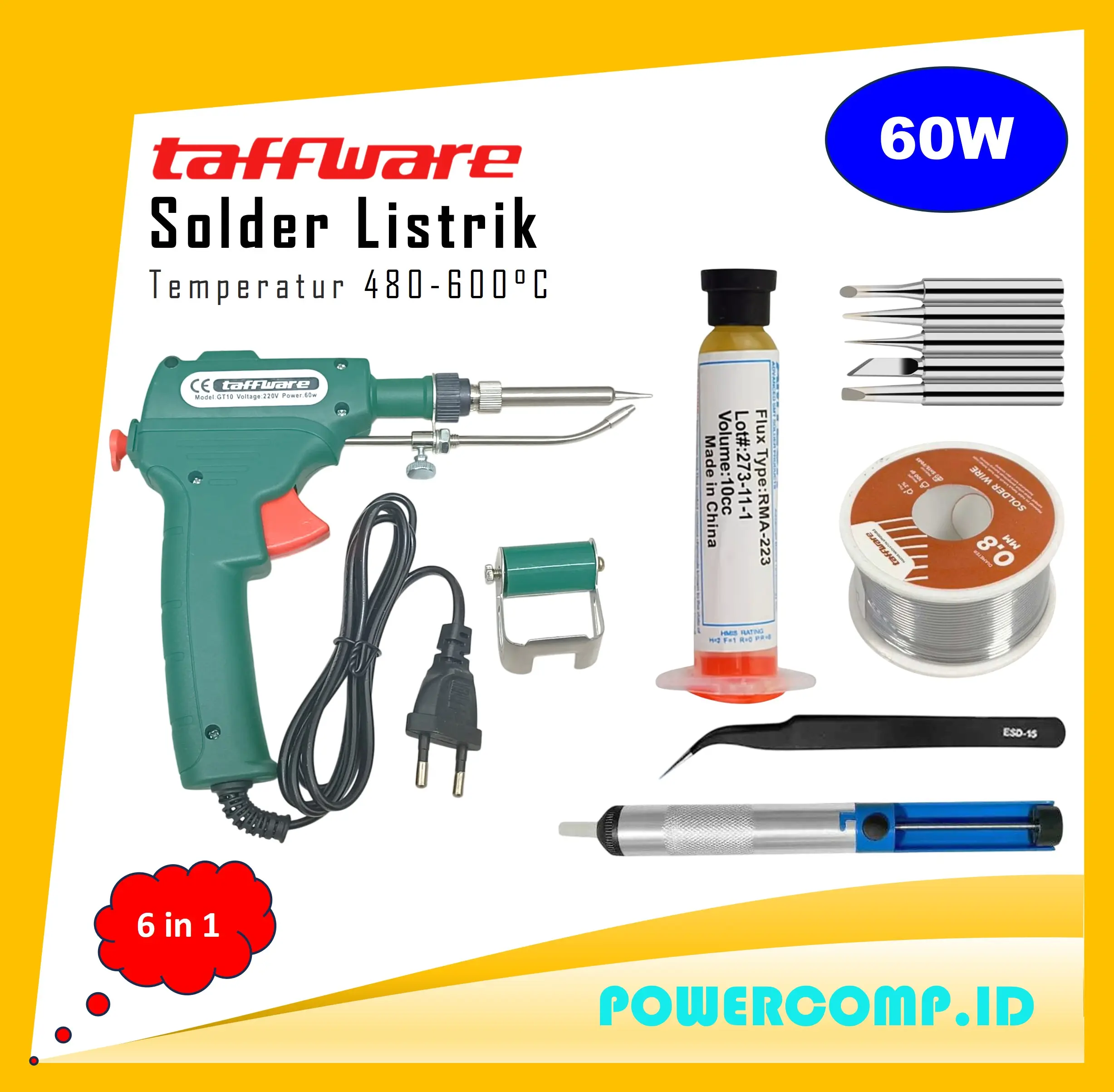 Taffware Solder Listrik Set Lengkap 6 in 1! Soldering Gun Kit Industrial Automatic Solder Feeding! 60W Temp Control Internal Heat Soldering Iron Guns with Tin Wire, Tweezers for Electronic Welding PCB Repair Rework DIY - GT10