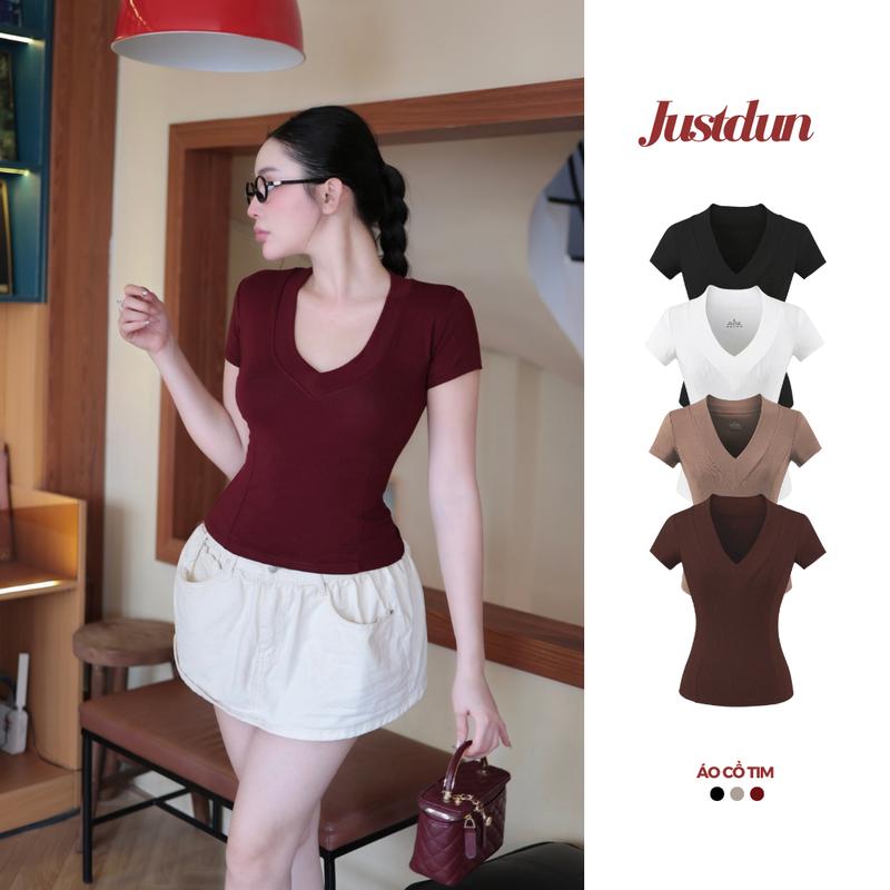 Áo thun cổ tim ôm body may thiết kế cotton mịn thoáng mát JUSTDUN A12