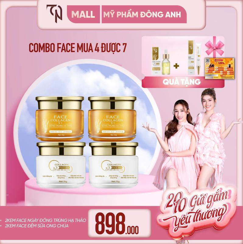 ( TẶNG PHIẾU + TẶNG 1 SERUM 1 CHỐNG NẮNG ) COMBO 2 KEM NGÀY 2 KEM ĐÊM , FACE NGÀY ĐÔNG TRÙNG HẠ THẢO, FACE ĐÊM SỮA ÔNG CHÚA, CHỐNG NẮNG NỌC ONG SPF 50++. HỖ TRỢ DƯỠNG DA MỜ THÂM NÁM SẠM MỸ PHẨM ĐÔNG A