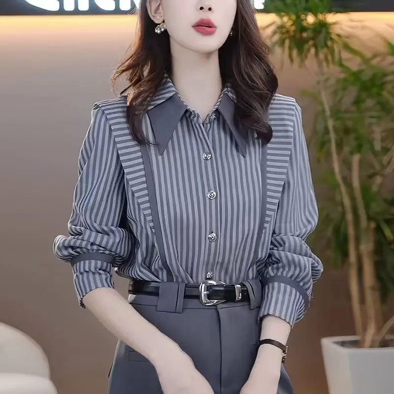 Áo Sơ Mi Nữ, Áo Sơ Mi Kẻ Sọc Dài Tay Và Váy, Bộ Đồ Hai Mảnh, Áo Cánh Nữ Áo Sơ Mi Chuyên Nghiệp, Áo Nữ, Mùa Thu