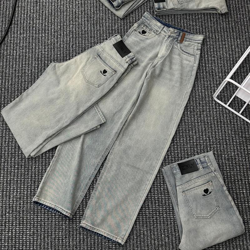 [ZINLY SHOP] Quần Jean Nữ Ống Suông Cạp Cao Màu Nhạt Túi Thêu Phối Dây Săn Nâu Lai Cuốn Vải Cotton Mềm Mát Không Co Giãn Q402 1