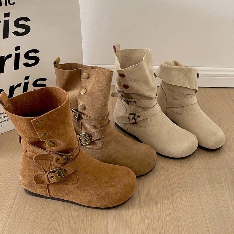  giày boots nữ da lộn mềm dễ mang có khuy điều chỉnh nấc cài LENI 