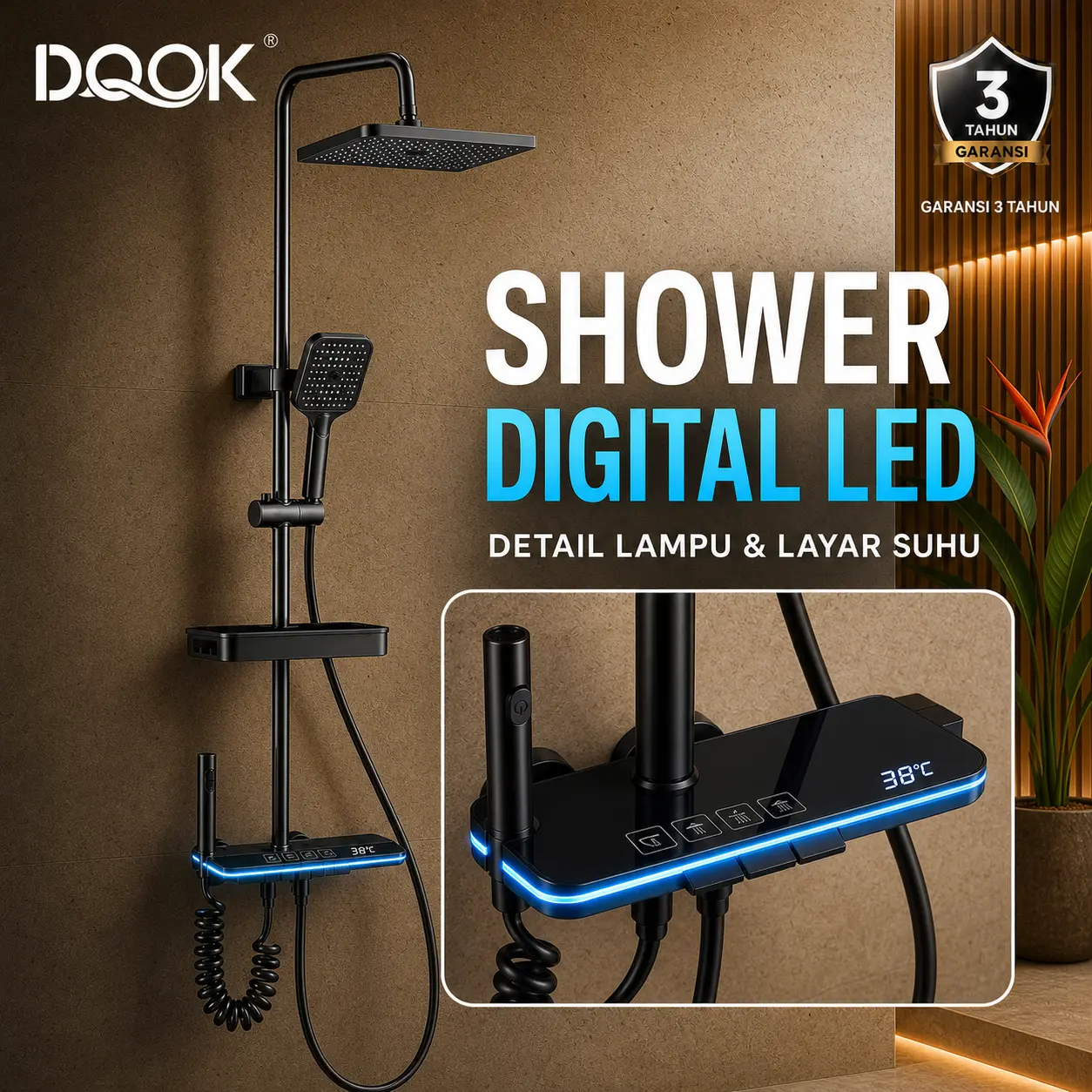 Shower Paket Hujan LED Digital DQOK 3 In 1 Kamar Mandi Dilengkapi Keran Air Panas dan Dingin, Tahan Karat Tidak Mudah Berkarat, Desain Modern Kamar Mandi-Abu Tembak-Garansi 3 Tahun