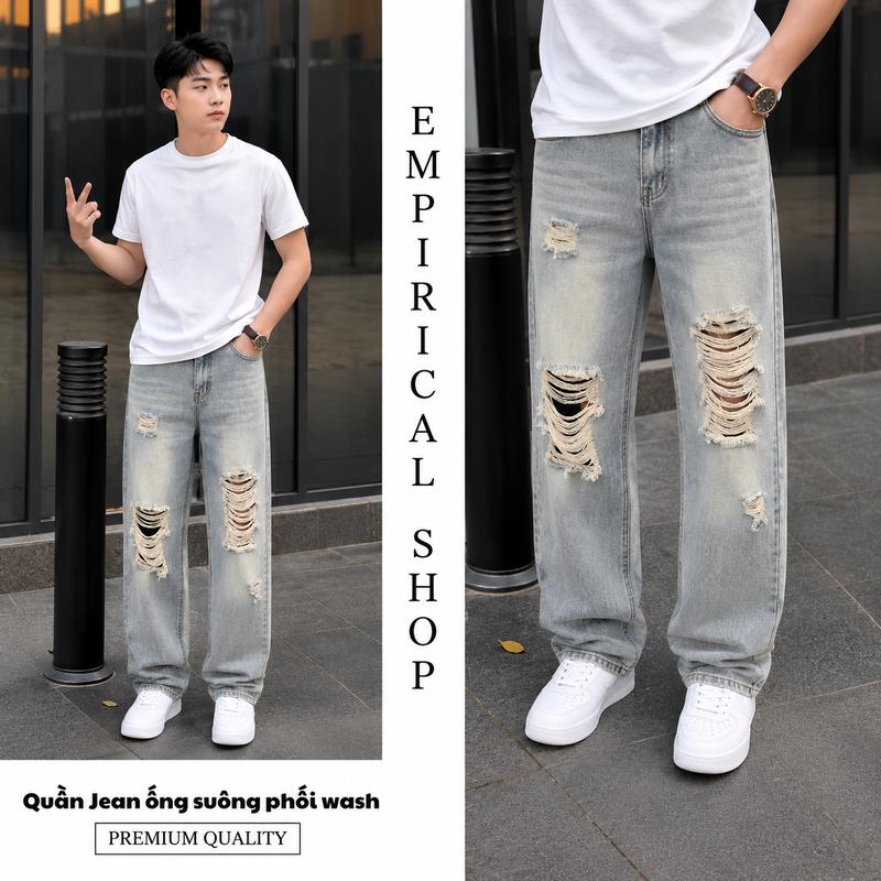Quần Jean Nam Form Rộng Ống Suông Wash Rách Gối Phong Cách Streetwear
